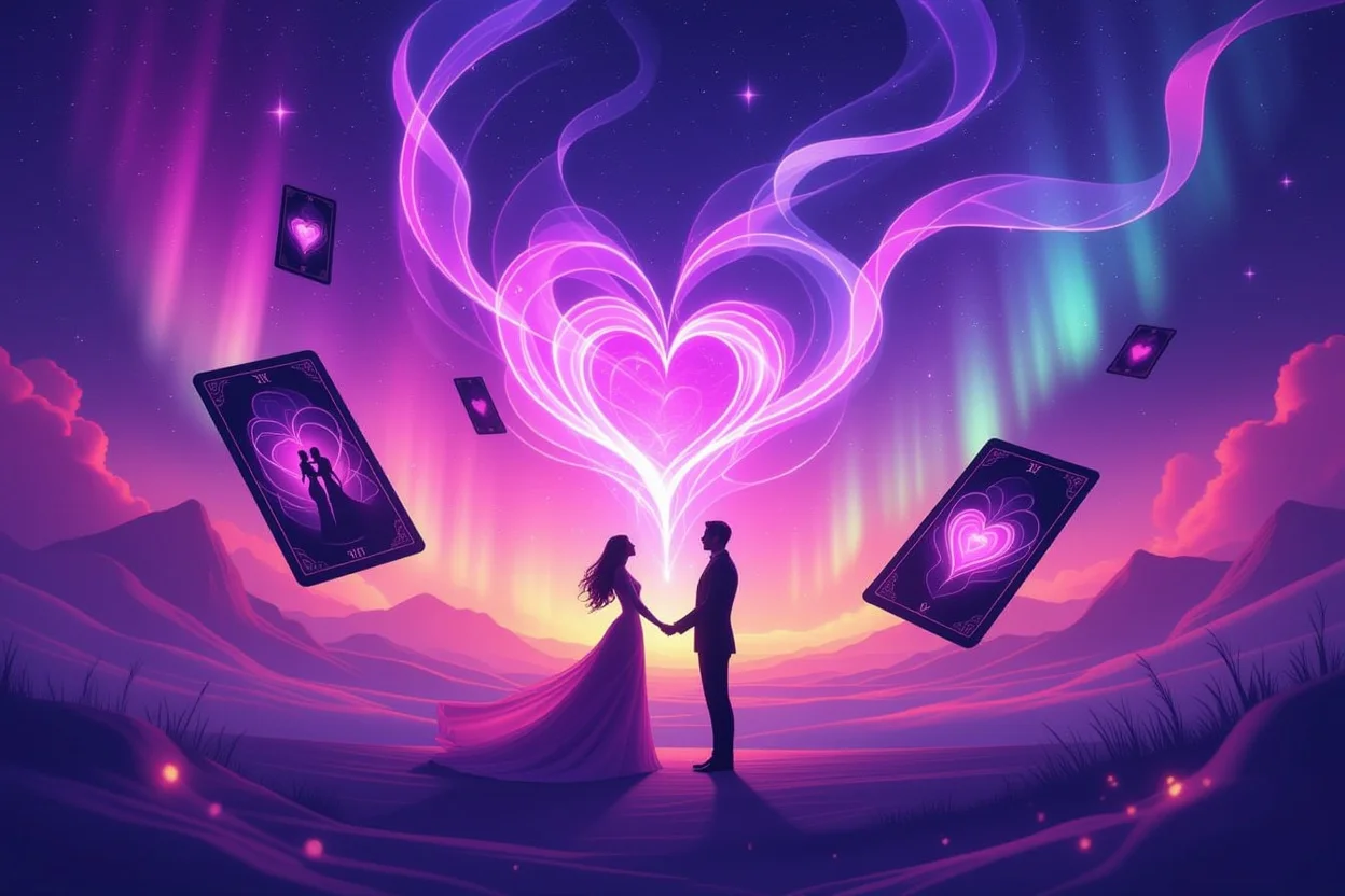 恋愛運と未来創造を表現する幻想的なタロットカードと宇宙的エネルギー