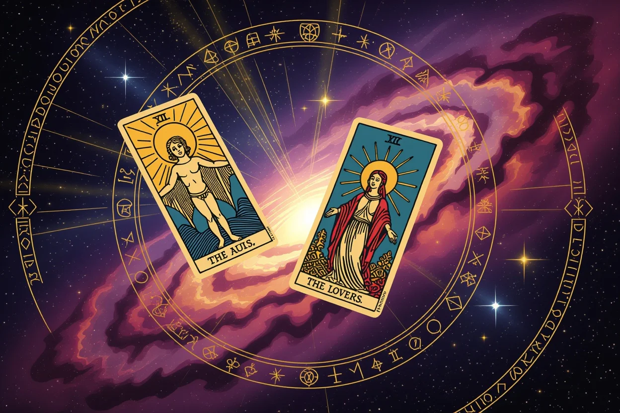 恋愛タロット・メジャーアルカナが宇宙に浮かぶ神秘的なイメージ