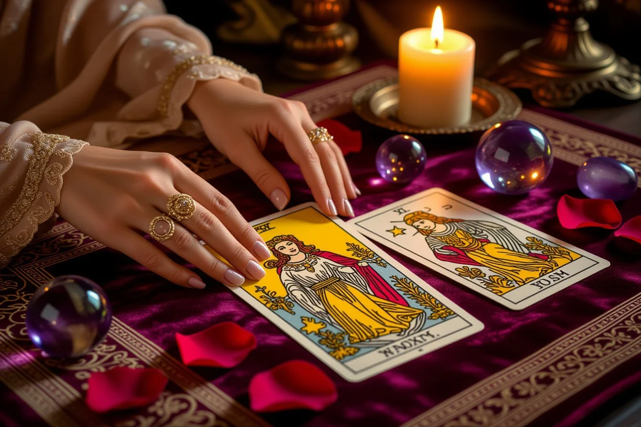 運命の相手を占う恋愛タロットリーディングの神聖なシーン