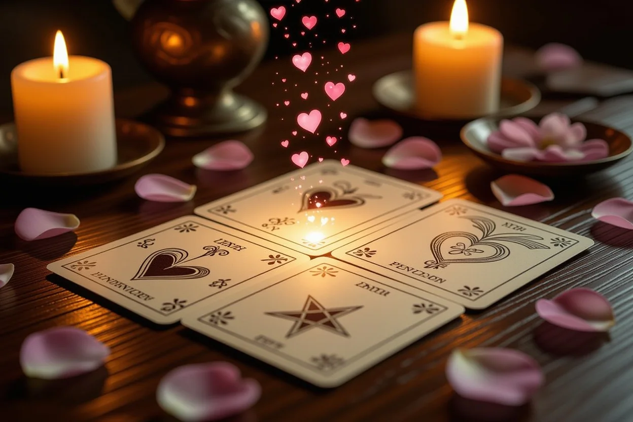 恋愛タロットカードのマイナーアルカナスプレッド、ハートと薔薇の花びらが散らばる神秘的な占いシーン