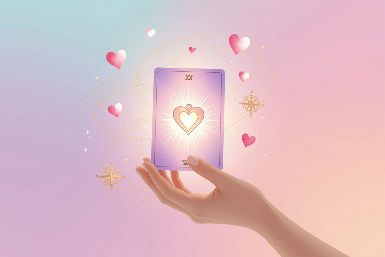 カップのタロットカード一枚を持つ手、恋愛の迷いを晴らす光と羅針盤のシンボル