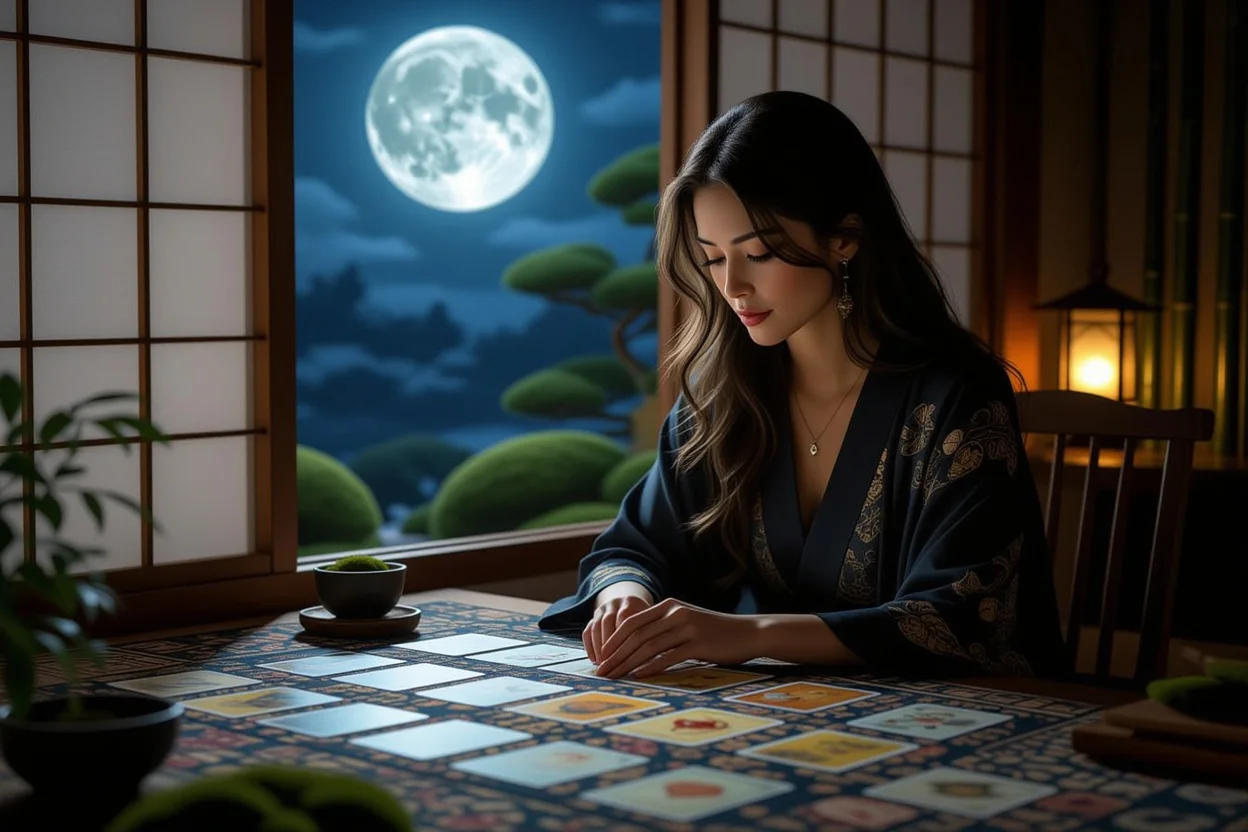 穏やかな恋愛タロット鑑定シーン、月光に照らされたマイナーアルカナカードと女性のシルエット