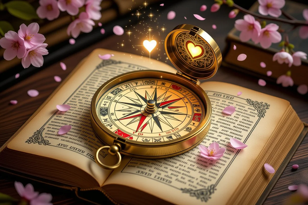 タロットカードで作られた心の羅針盤、恋愛の方向性を示すマイナーアルカナの神秘的なシンボル