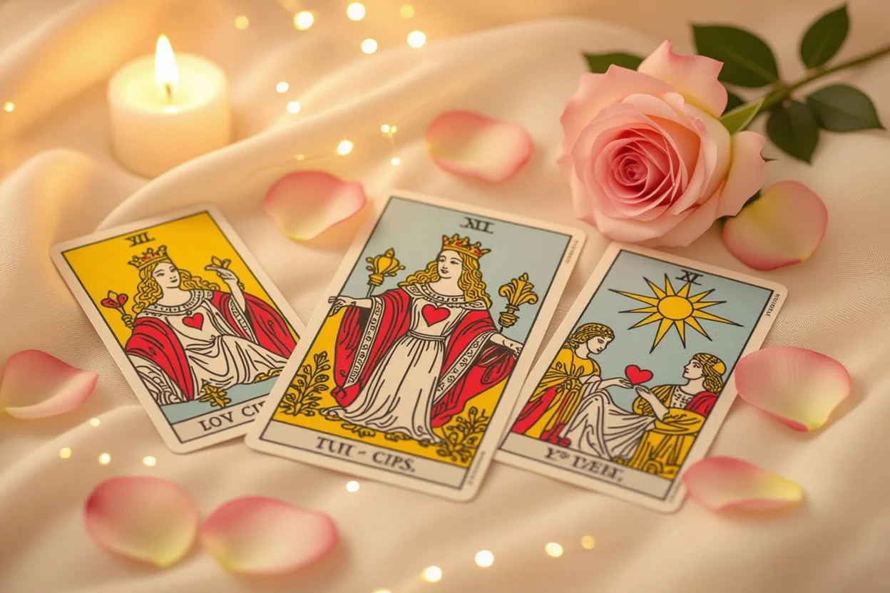 恋愛タロットカードの美しいスプレッド、カップのクイーンを中心とした愛のメッセージ