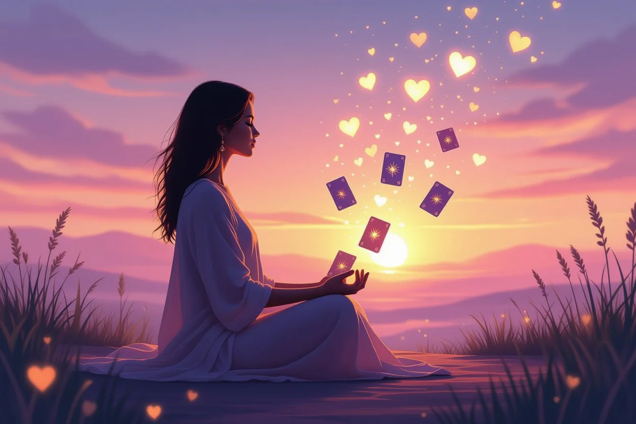 タロットカードと瞑想する女性、自己対話と内なる声を聞く神秘的なイメージ