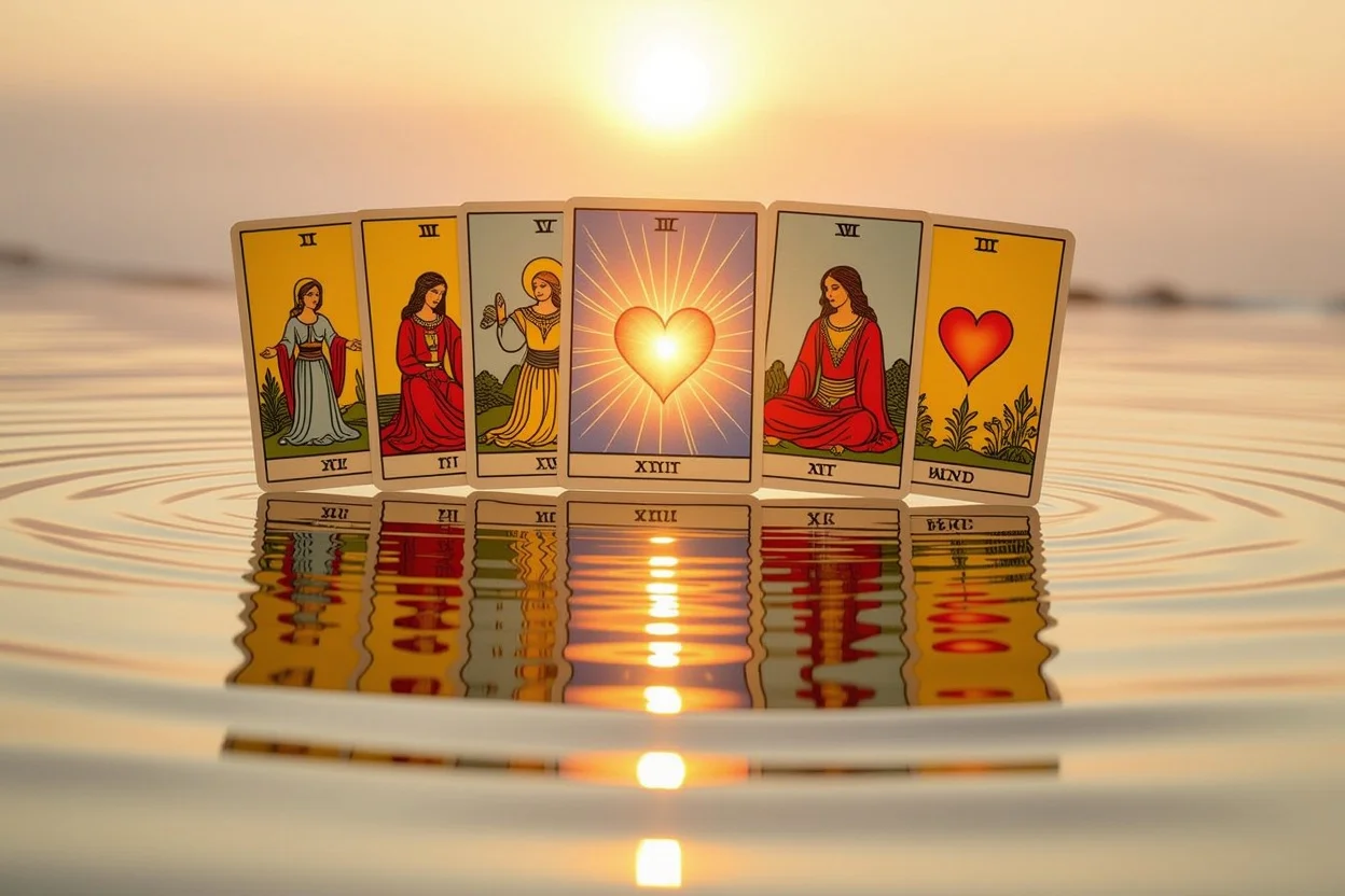 鏡のように映し出されるタロットカード、自己理解と愛の成長を表現したアート