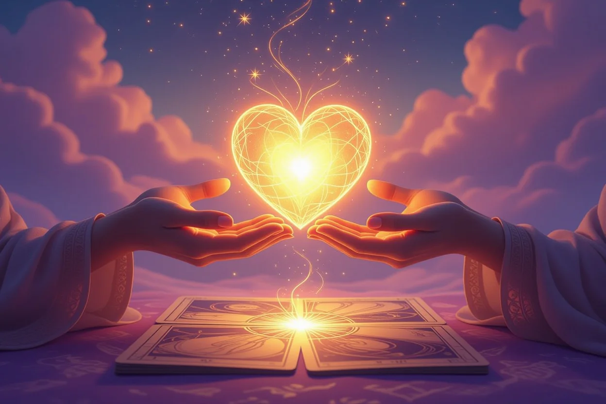 光る心を持つ手とタロットカード、自己愛と恋愛成長の神秘的な表現