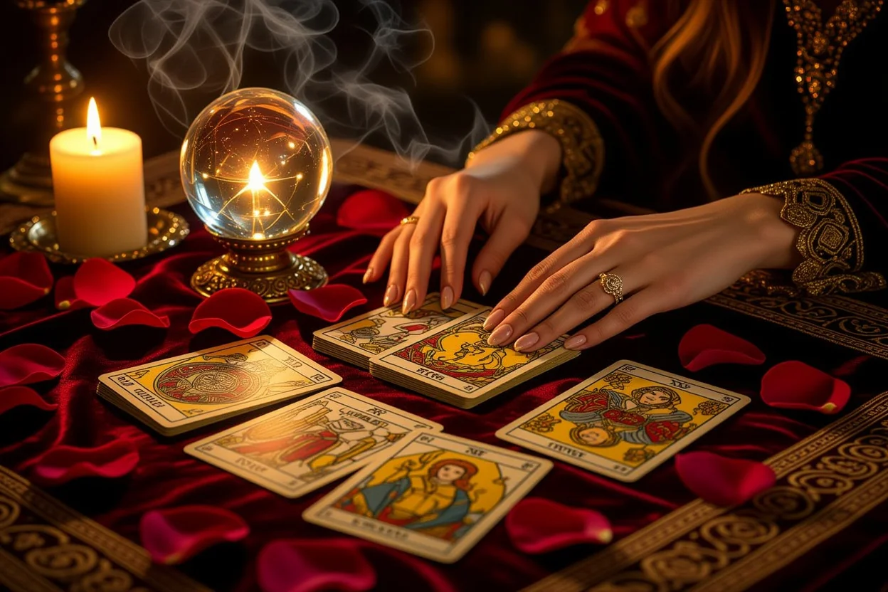 恋愛タロット占いの神秘的なシーン、キャンドルライトとバラの花びら