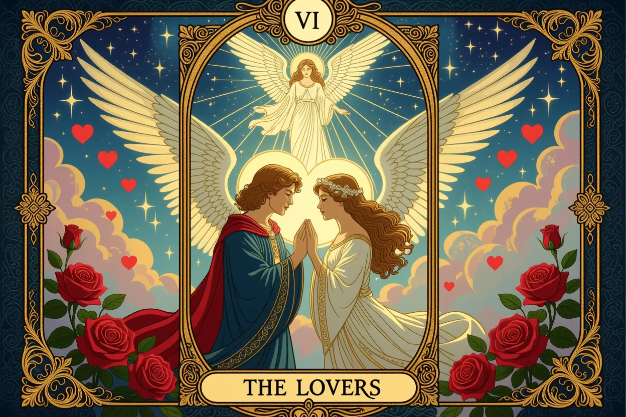 恋人のタロットカード、運命の恋を象徴する美しいイラスト