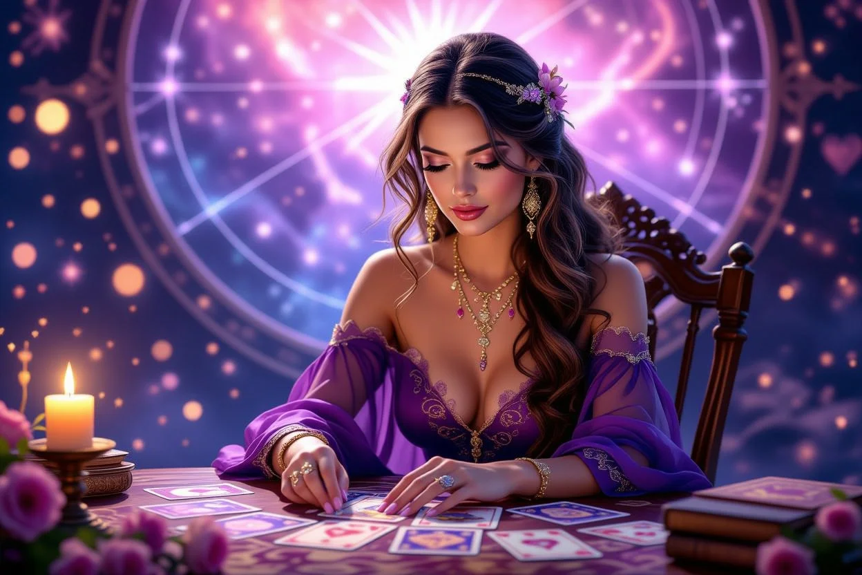 恋愛相談をするタロット占い師、ハート型に並べられたカード