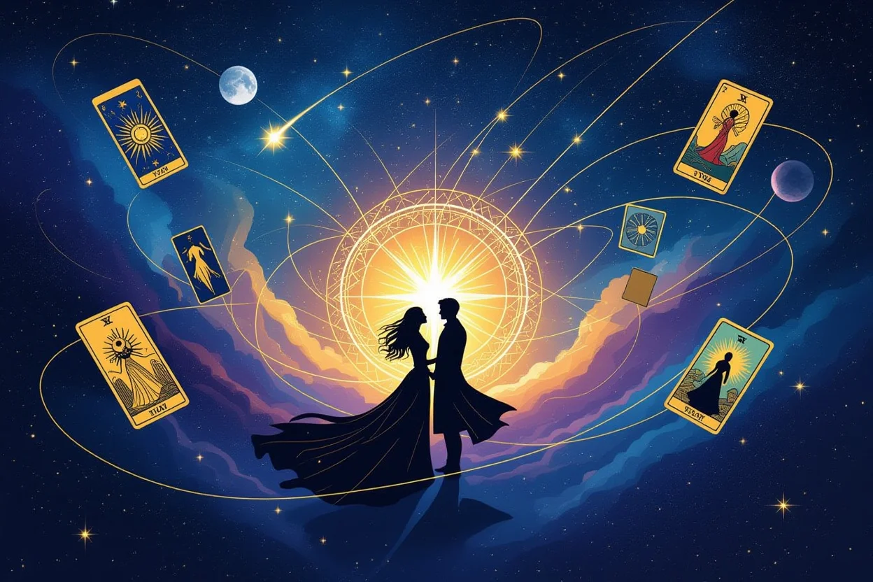 運命の恋を表現する宇宙的なタロットカードと星空のシーン