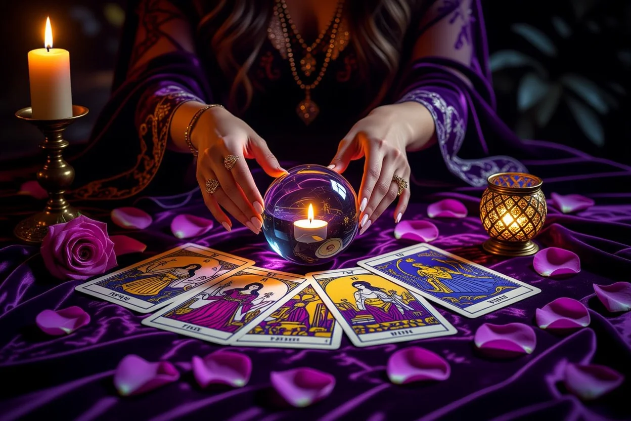 恋愛タロット占いの神秘的なリーディングシーン、キャンドルライトとタロットカード
