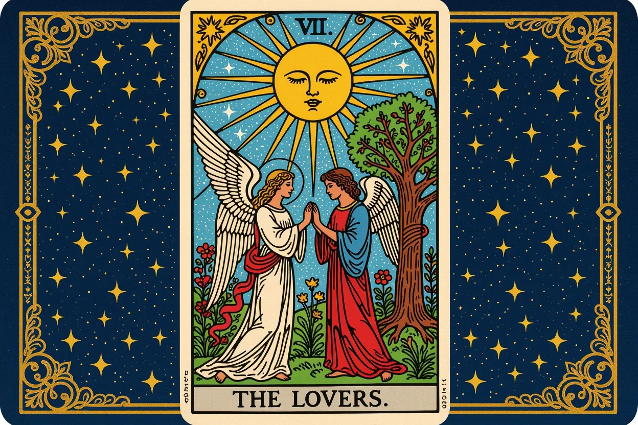恋人のタロットカード、選択と調和を象徴する神秘的なイラスト