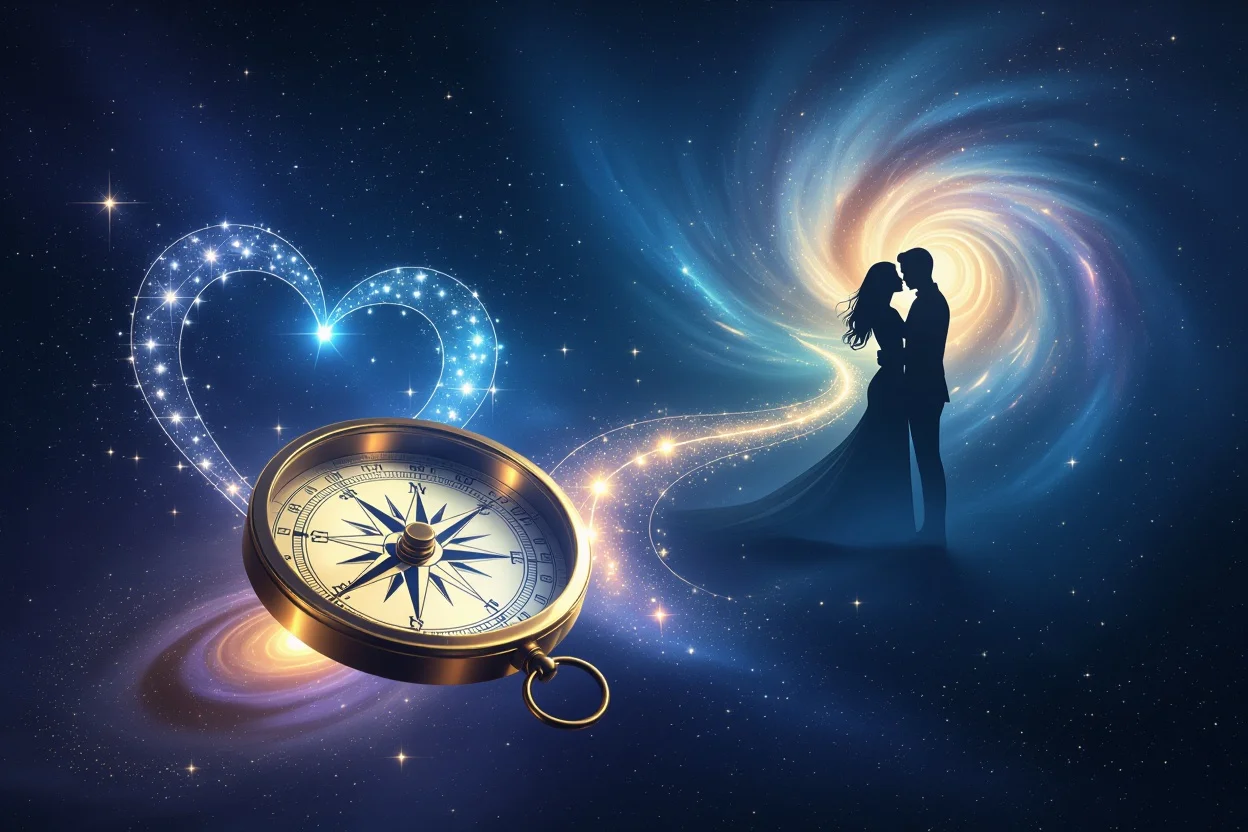恋愛運命を導く心の羅針盤、宇宙的な愛の道筋を示すイメージ