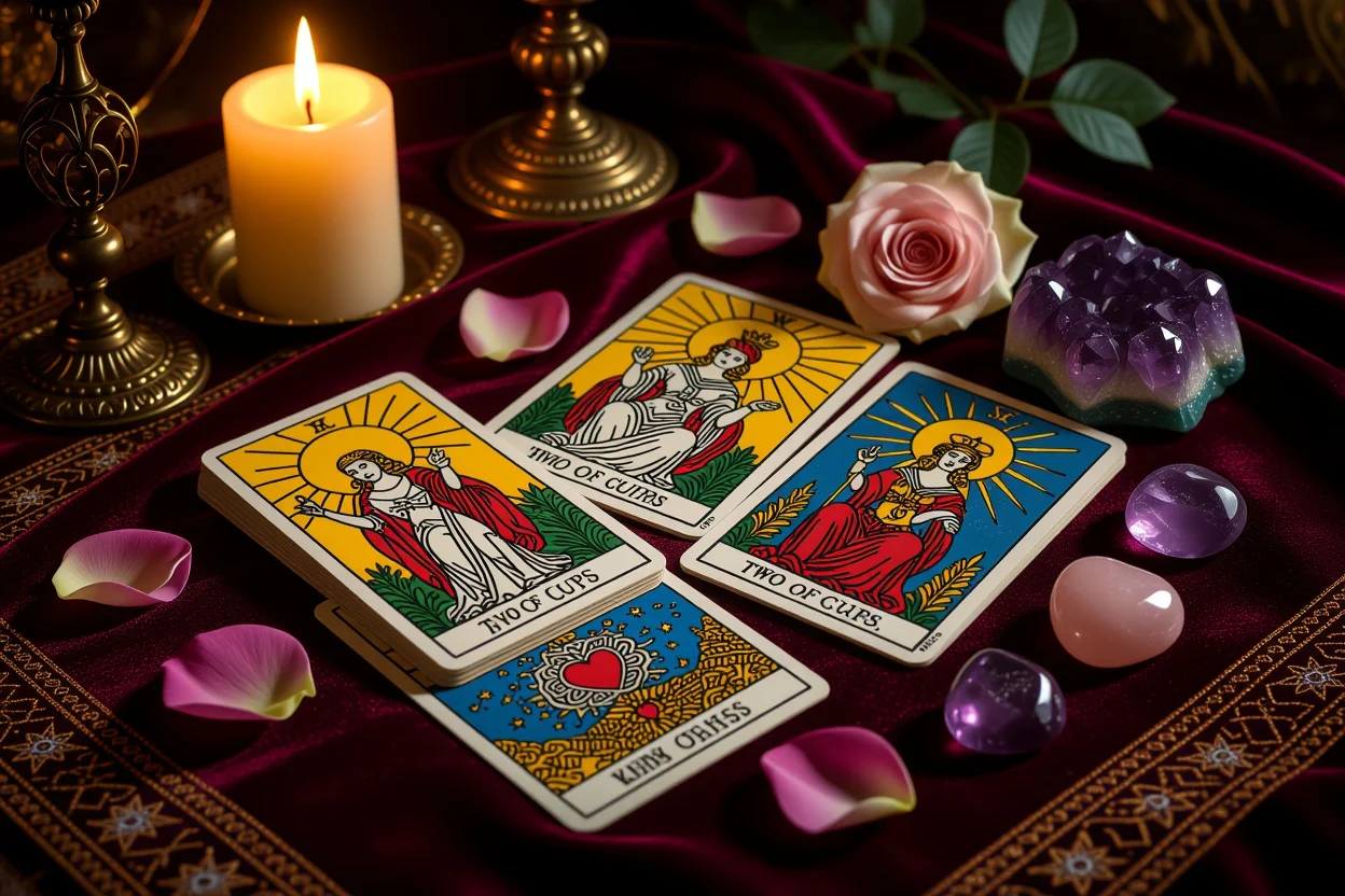 恋愛タロットカードの神秘的なスプレッド・キャンドルライトとローズクォーツ