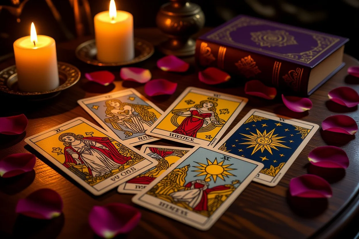恋愛タロットカード占いの神秘的なシーン、キャンドルライトとバラの花びら