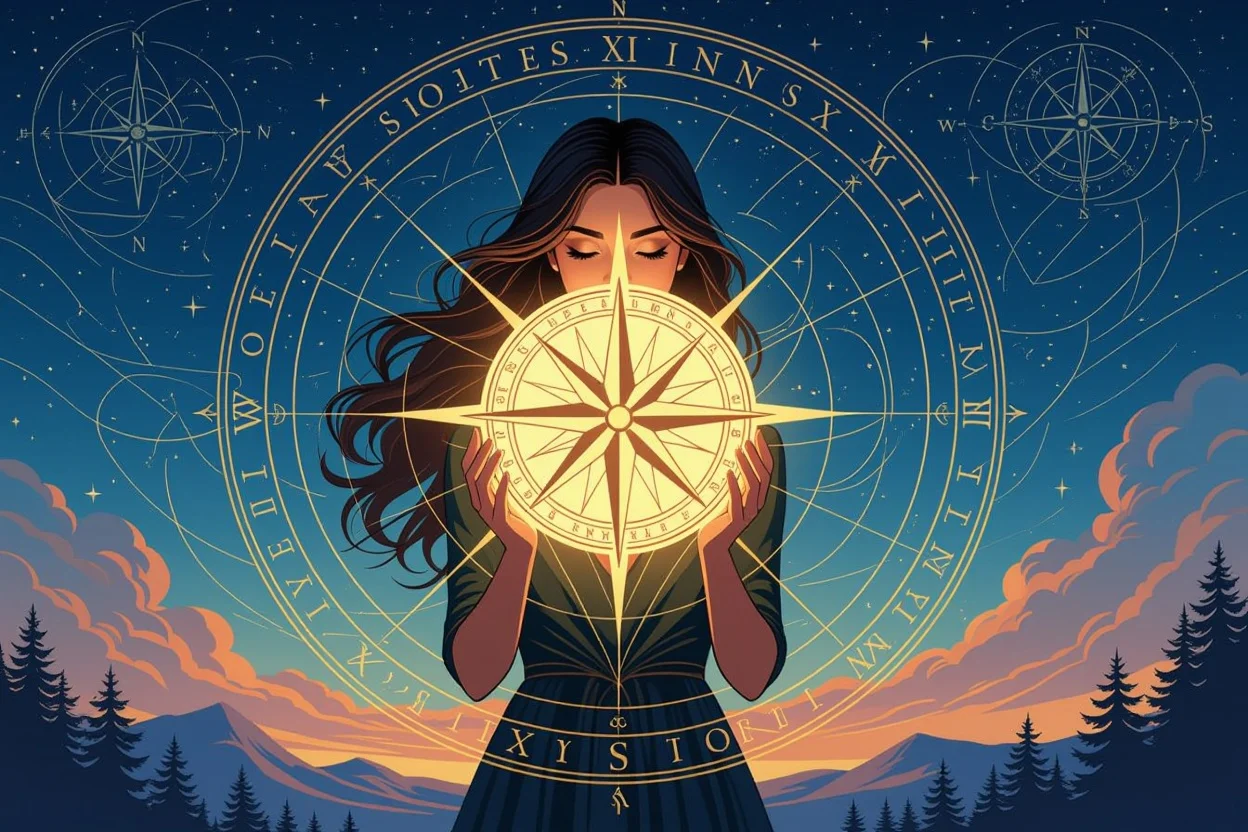 タロットカードが可能性の羅針盤となる幻想的なイメージ、星空と女性のシルエット