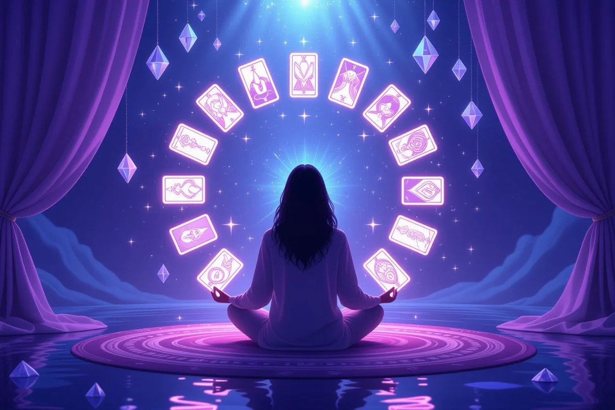 タロットカードで内なる心を見つめる瞑想的な自己探求のシーン