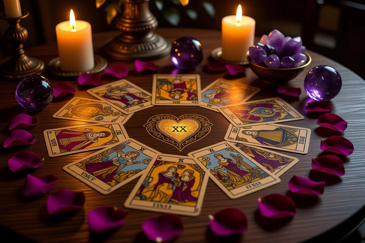 恋愛タロット相性診断のカードスプレッド、ロマンチックな雰囲気でキャンドルライトに照らされたタロット占い
