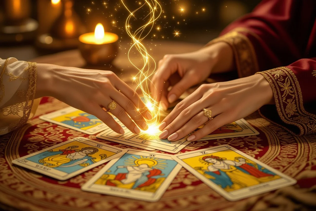 二人の絆を表すタロットカードと手、エネルギーの流れを表現した恋愛タロット占いのイメージ