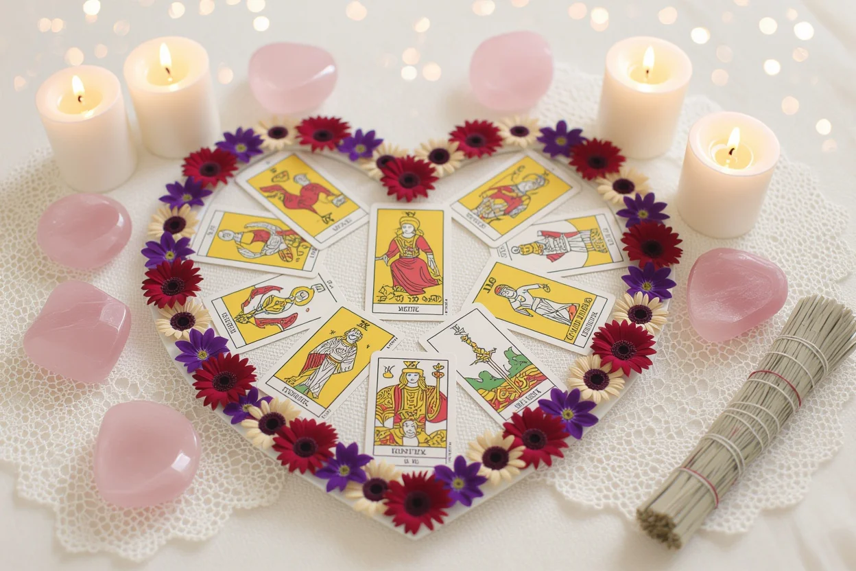 ハート型に配置された恋愛タロットカード、相性診断のための神秘的なカードリーディング
