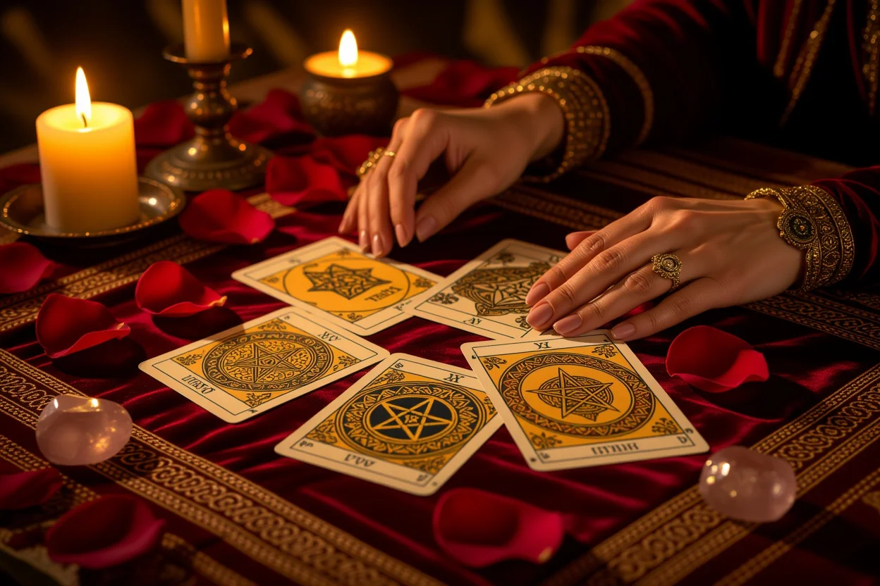 恋愛タロット占いのイメージ - ペンタクルカードと薔薇の花びらが美しく配置された神秘的な占いシーン