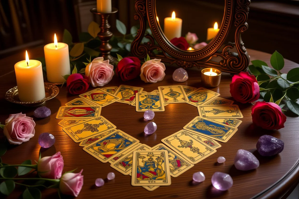 恋愛の悩みを解決する神秘的なタロット占いの相談シーン