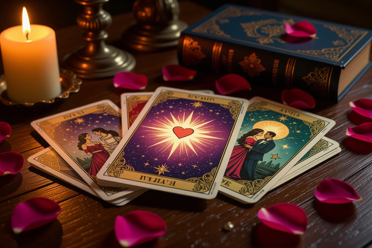 恋愛タロットカードで彼の本音を占う神秘的な雰囲気の画像