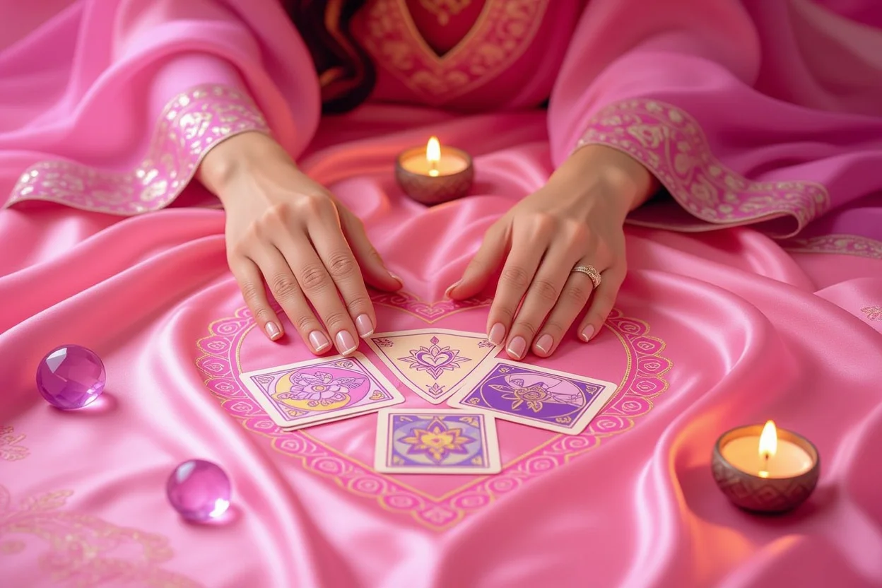 恋愛関係の未来を読み解くタロットカードの配置を示す画像