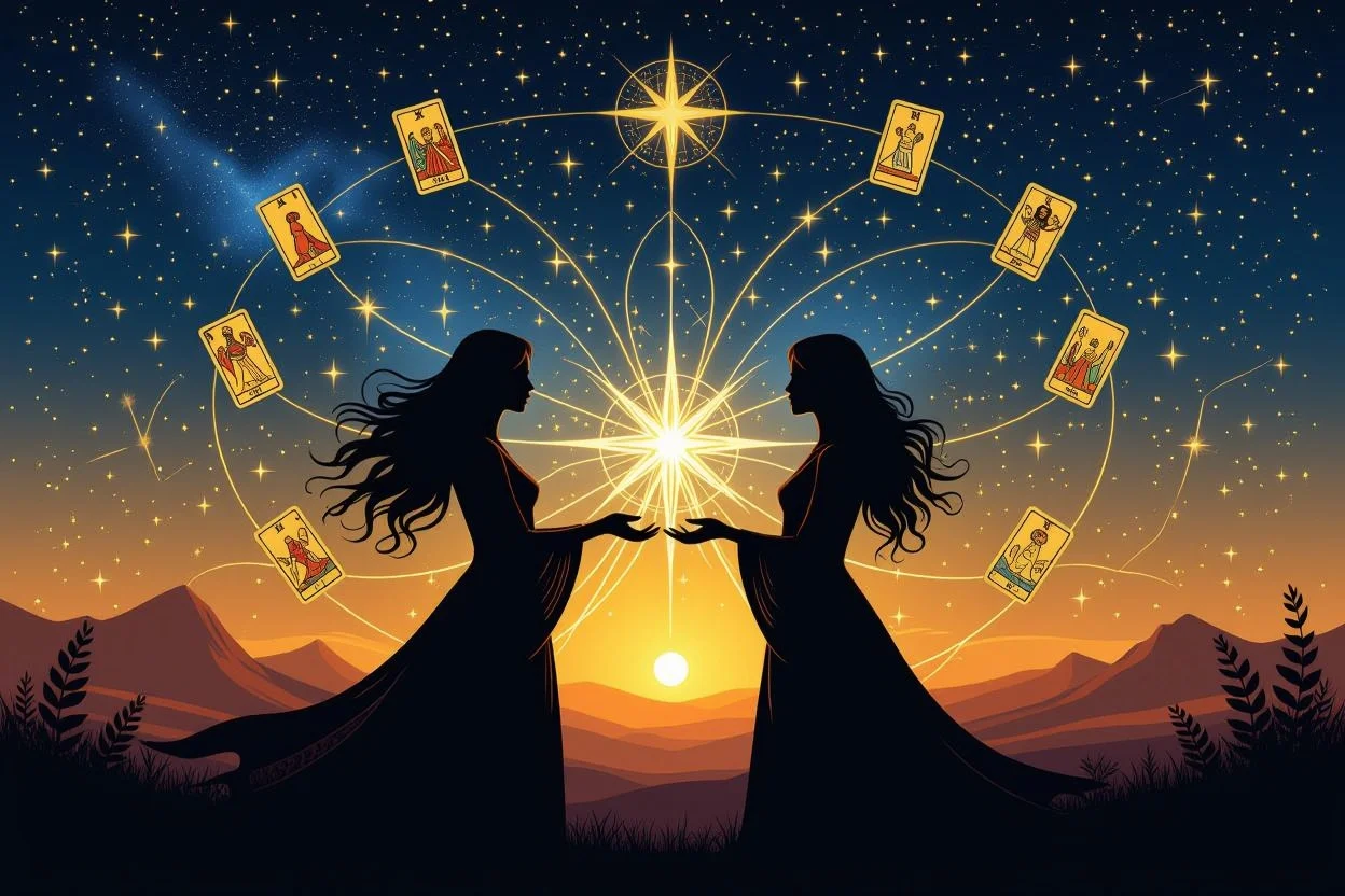 タロットカードで二人の心の繋がりと運命を表現したスピリチュアルな画像