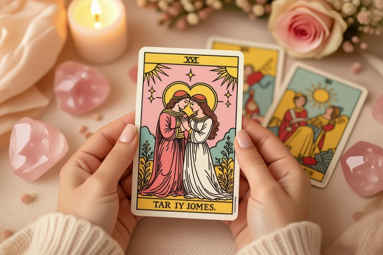 タロットカードを手に持つ女性、恋愛の未来を占う神秘的なシーン
