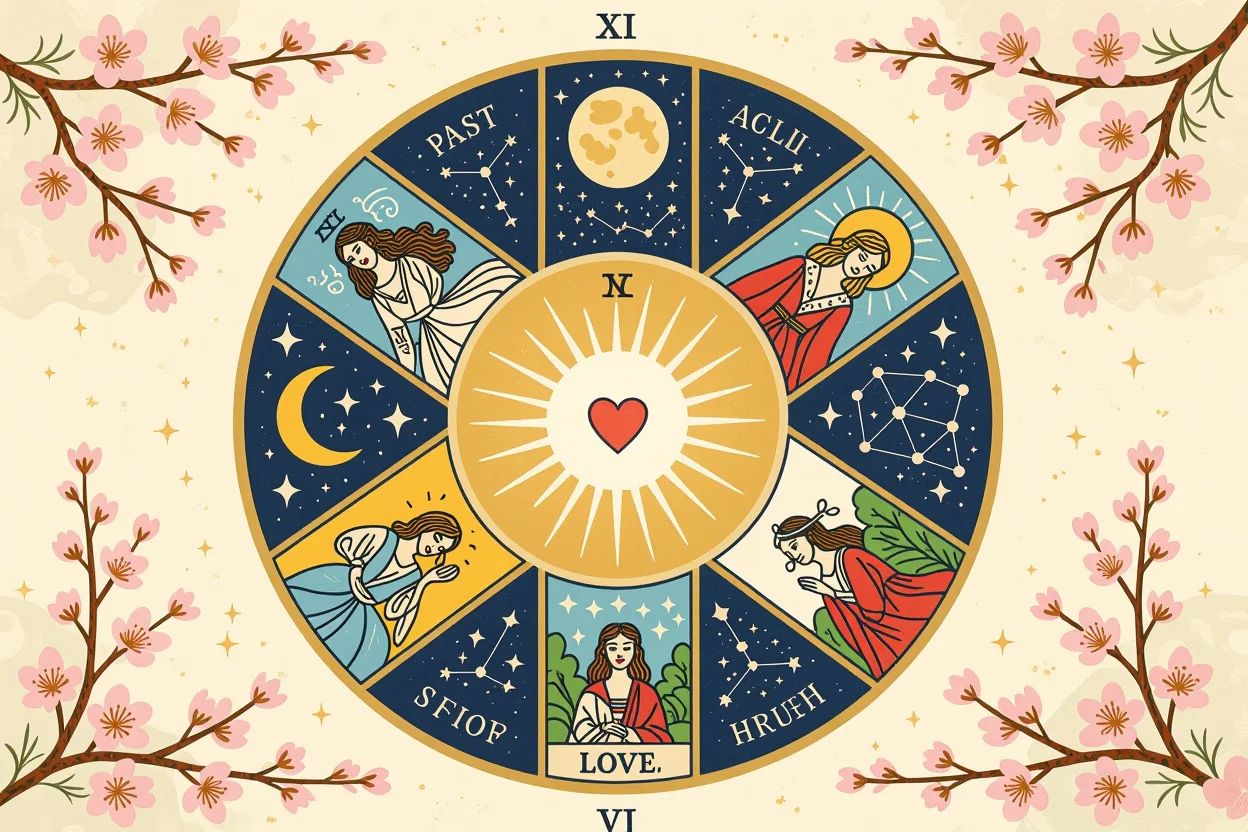 恋愛の過去現在未来を示すタロットカードの円形スプレッド