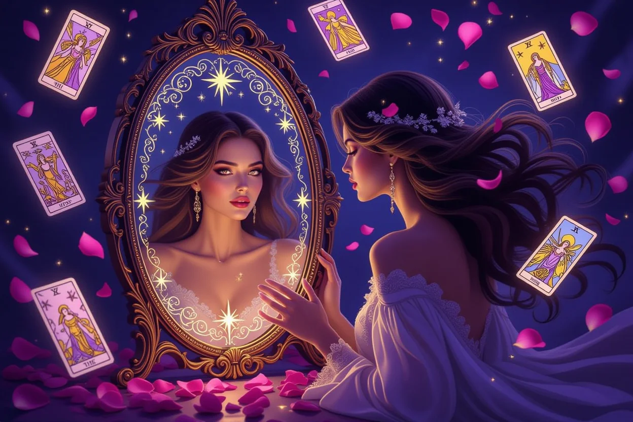 タロットカードと鏡で自分らしさを発見する女性のイメージ