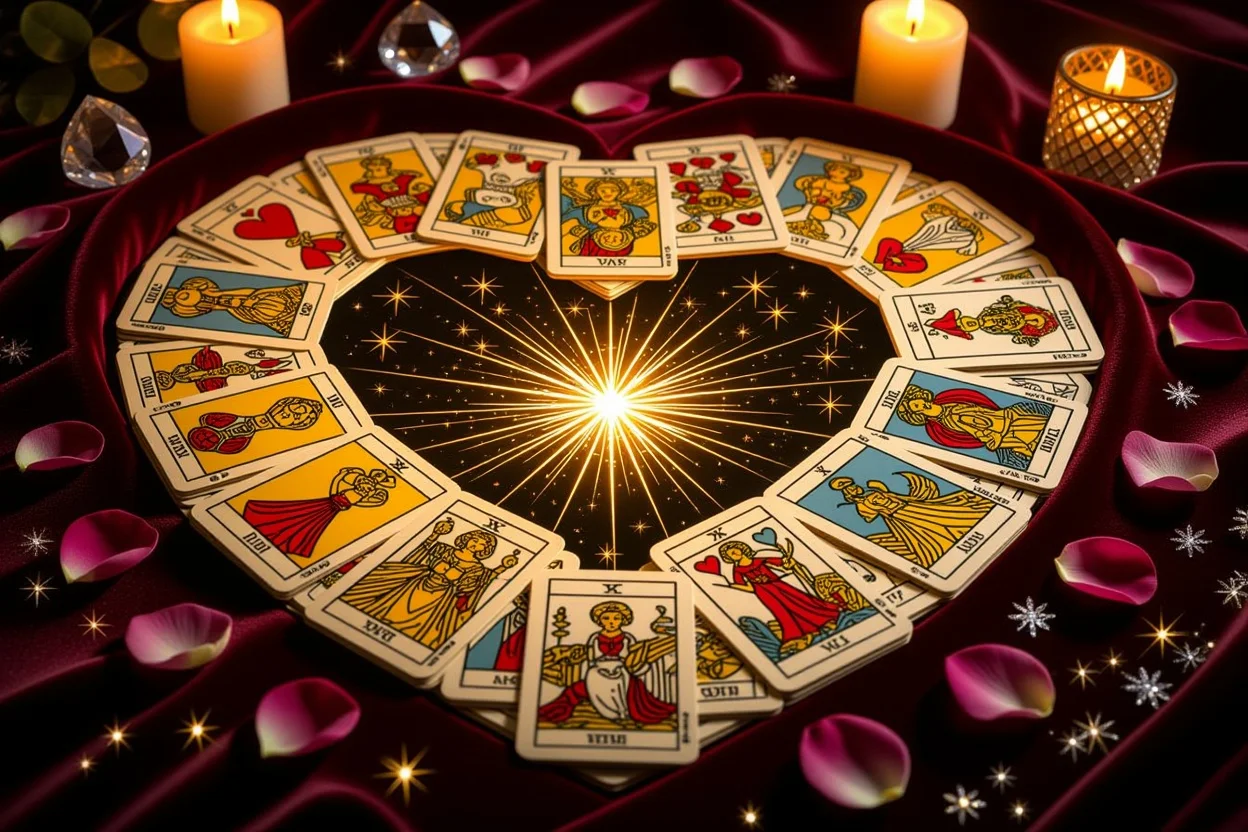 ハート型に並べられたタロットカードと愛の象徴