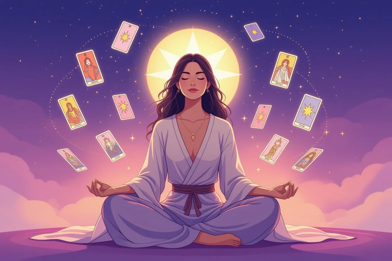 瞑想しながらタロットカードで内なる声を聞く人