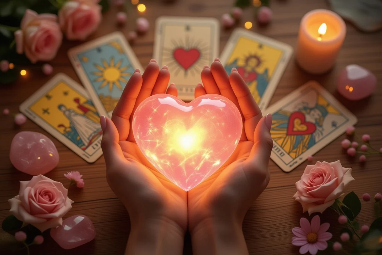 光る心を包む手とタロットカードで表現する真の愛