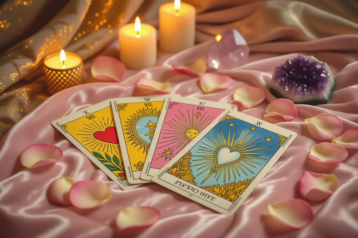 恋愛タロットカードと薔薇の花びらが美しく配置された神秘的なシーン