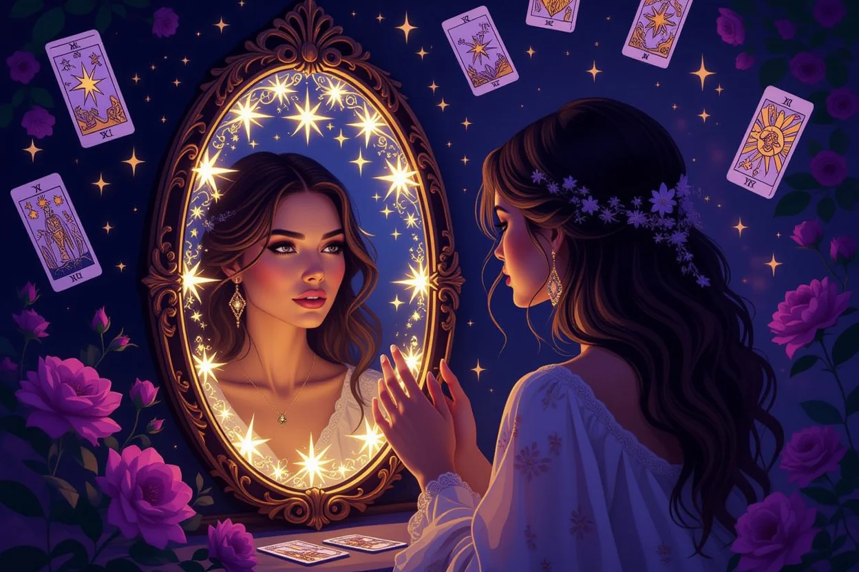 鏡に映る自分らしさを発見する女性とタロットカードの幻想的なイメージ