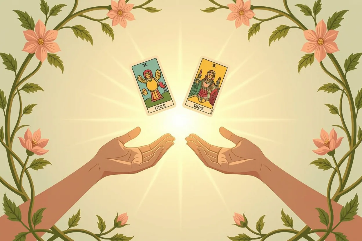 対等な恋愛関係を表現する二つの手とバランスの取れたタロットカード