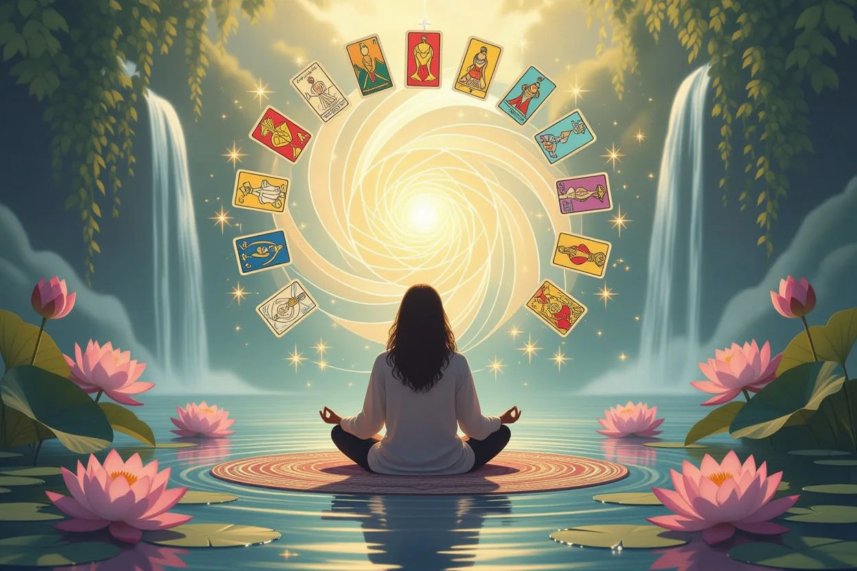 自己受容と成長を促すタロット瞑想の穏やかで神聖なシーン