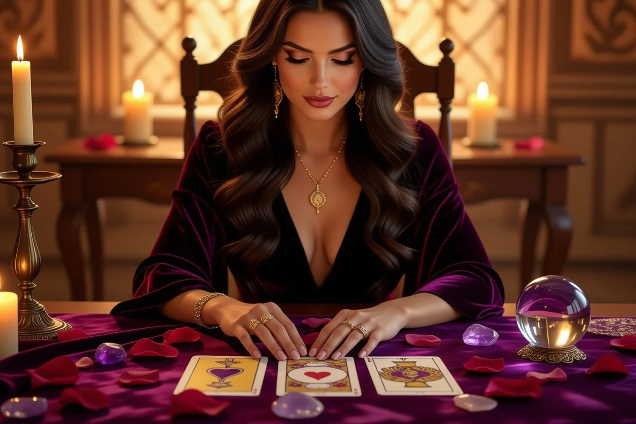 恋愛タロット占いで彼の本音を読み解く神秘的なカードリーディングシーン