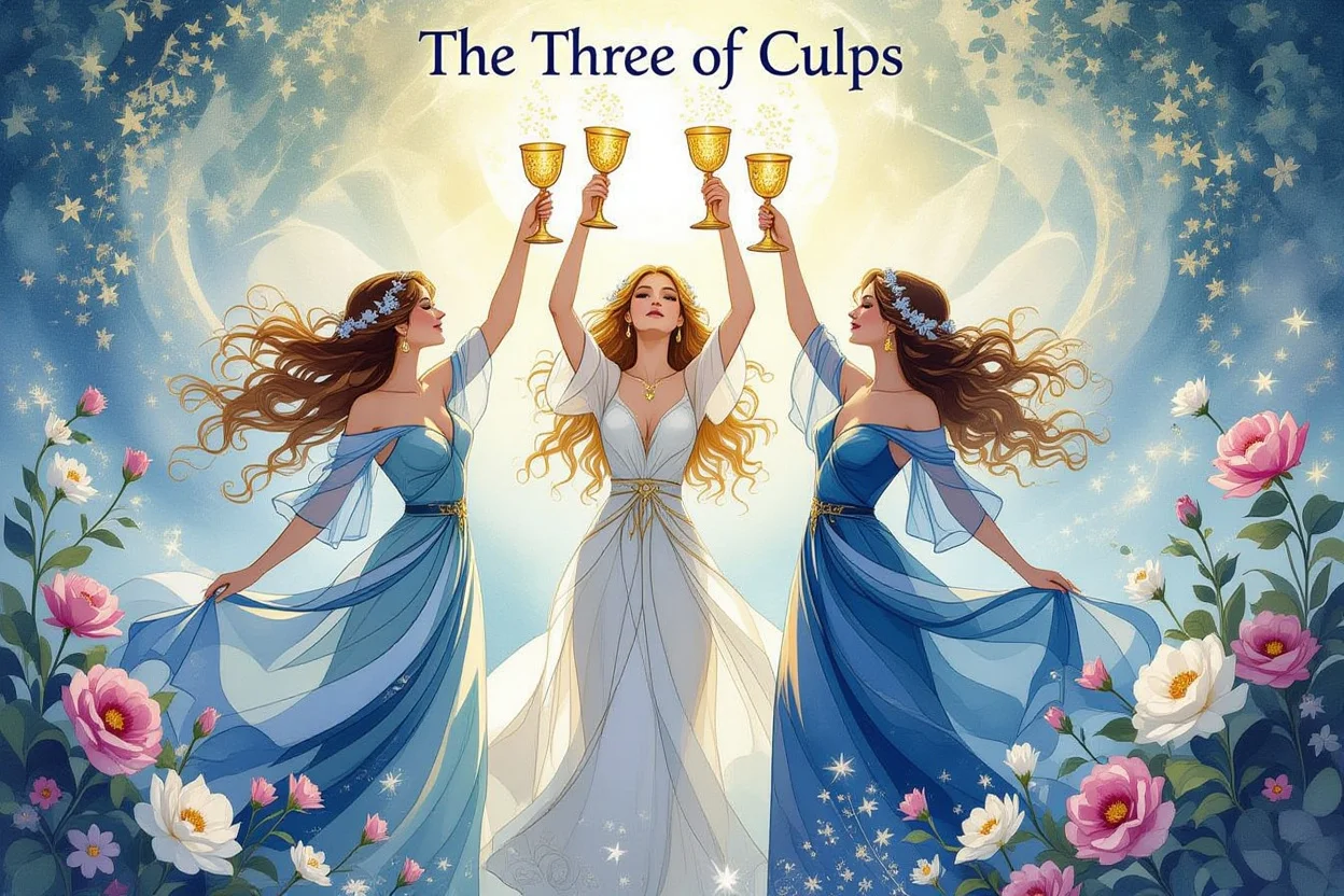 カップの3のタロットカード・感情の共有と深い絆を象徴する神秘的なイラスト