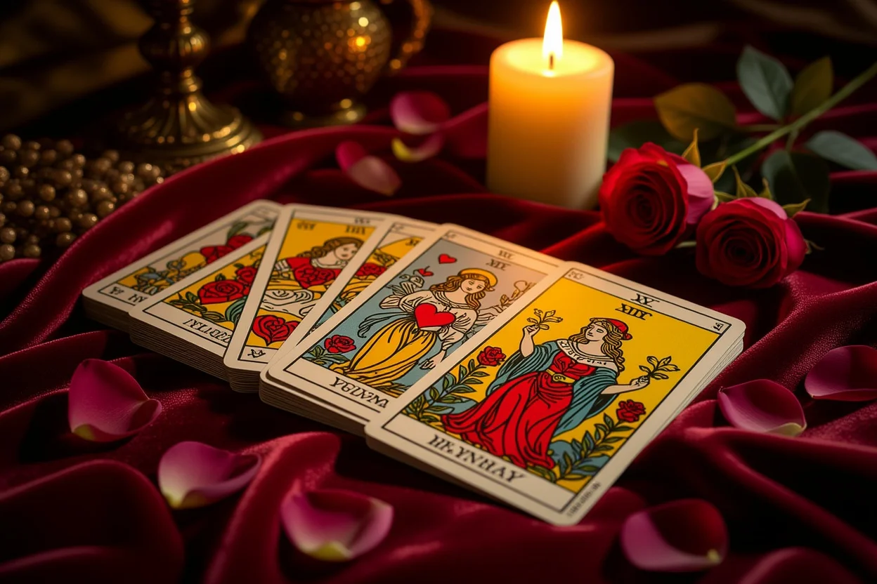 恋愛タロット占いのカードスプレッド - ロマンチックな雰囲気でキャンドルライトに照らされた