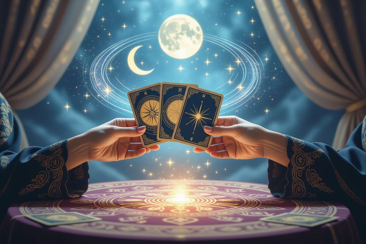 タロット占い師の手とカード - 恋愛の未来を読み解く神秘的なシーン