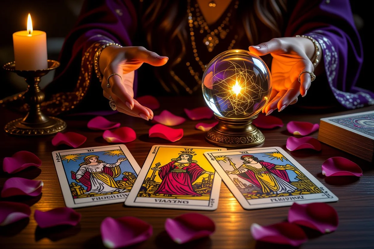 恋愛タロットカード占いのイメージ、ローソクの光に照らされたタロットカードとバラの花びら