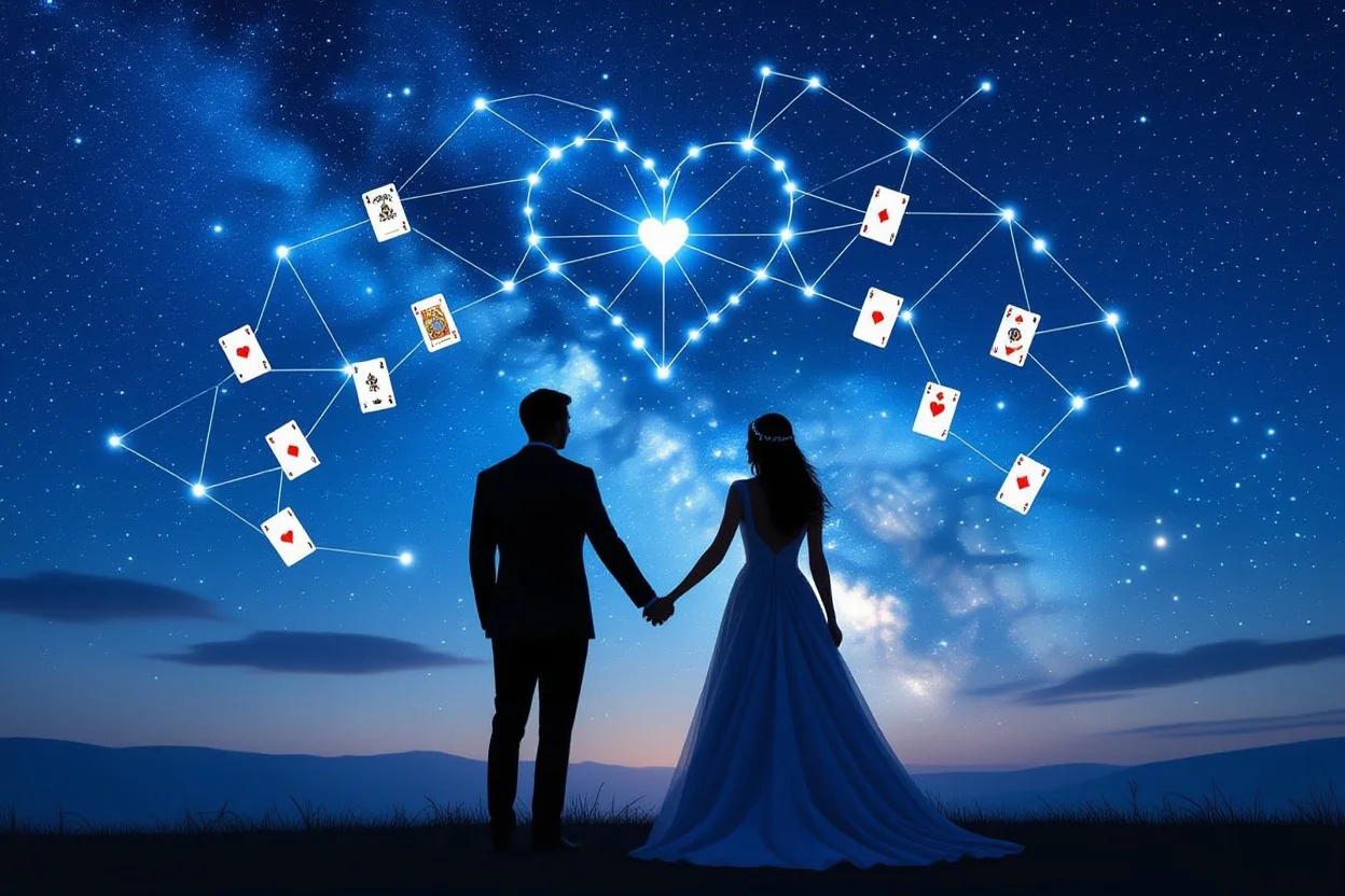 運命の恋人同士のシルエットと星空、タロットカードで示される愛の未来