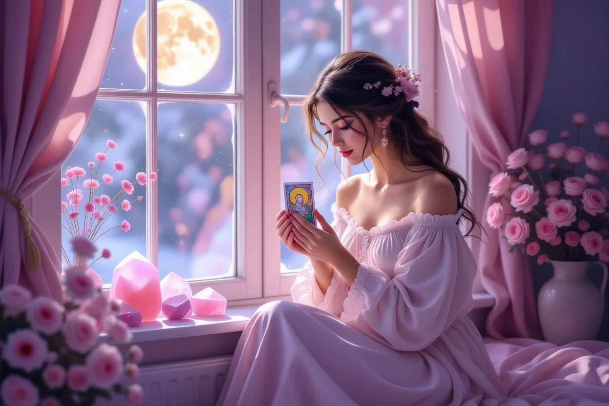 窓辺でタロットカードを見つめる女性、恋愛の悩みと彼の本音を知りたい気持ち