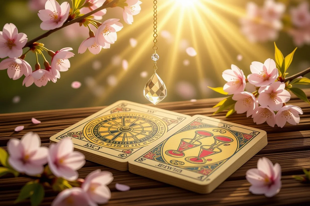 恋愛成就を示すタロットカード占い、桜の花と金色の光に包まれた運命の予言
