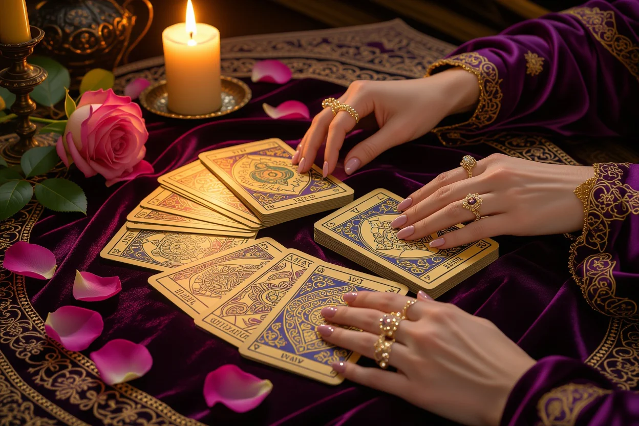 恋愛タロット占いの神秘的なカードリーディングシーン