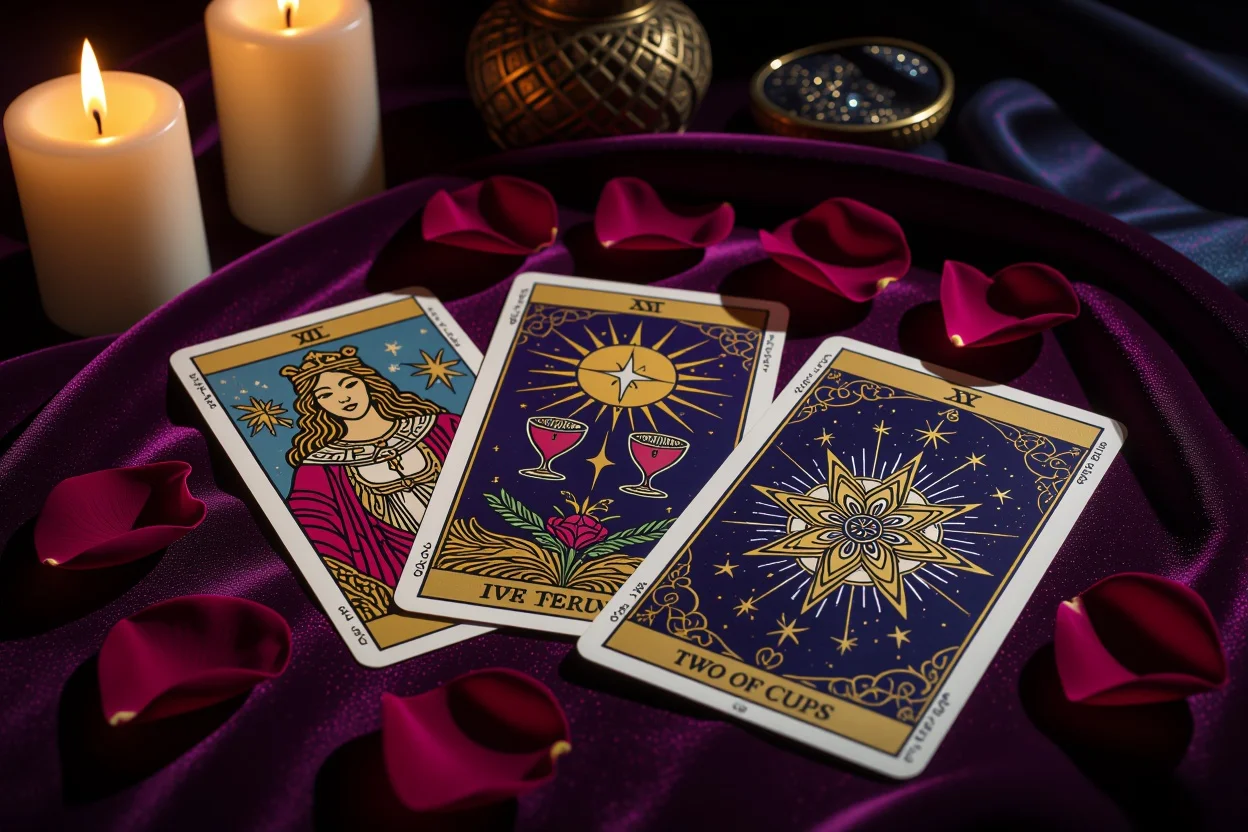 恋愛タロットカード占いのイメージ - ラバーズカードとカップのカードが美しく配置された神秘的な雰囲気